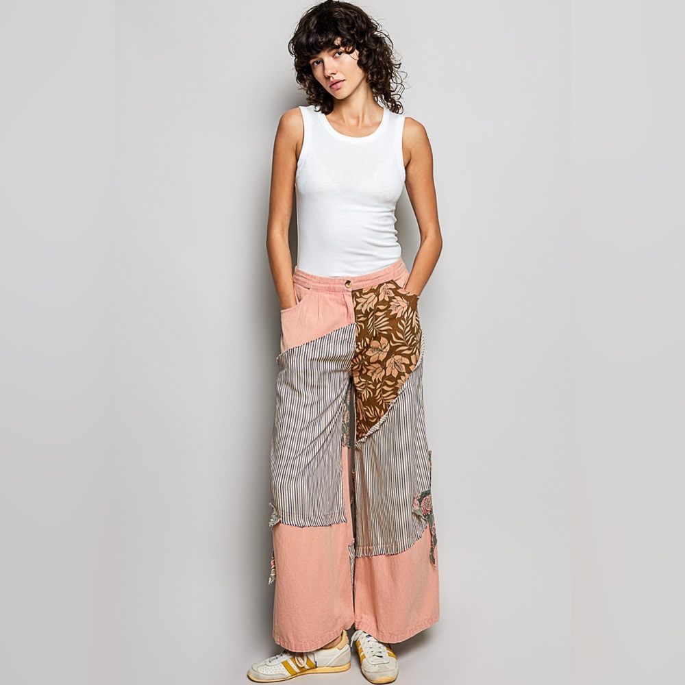 POL Striped Floral Patchwork Wide leg Pants with Side Big Star Patch🛍️